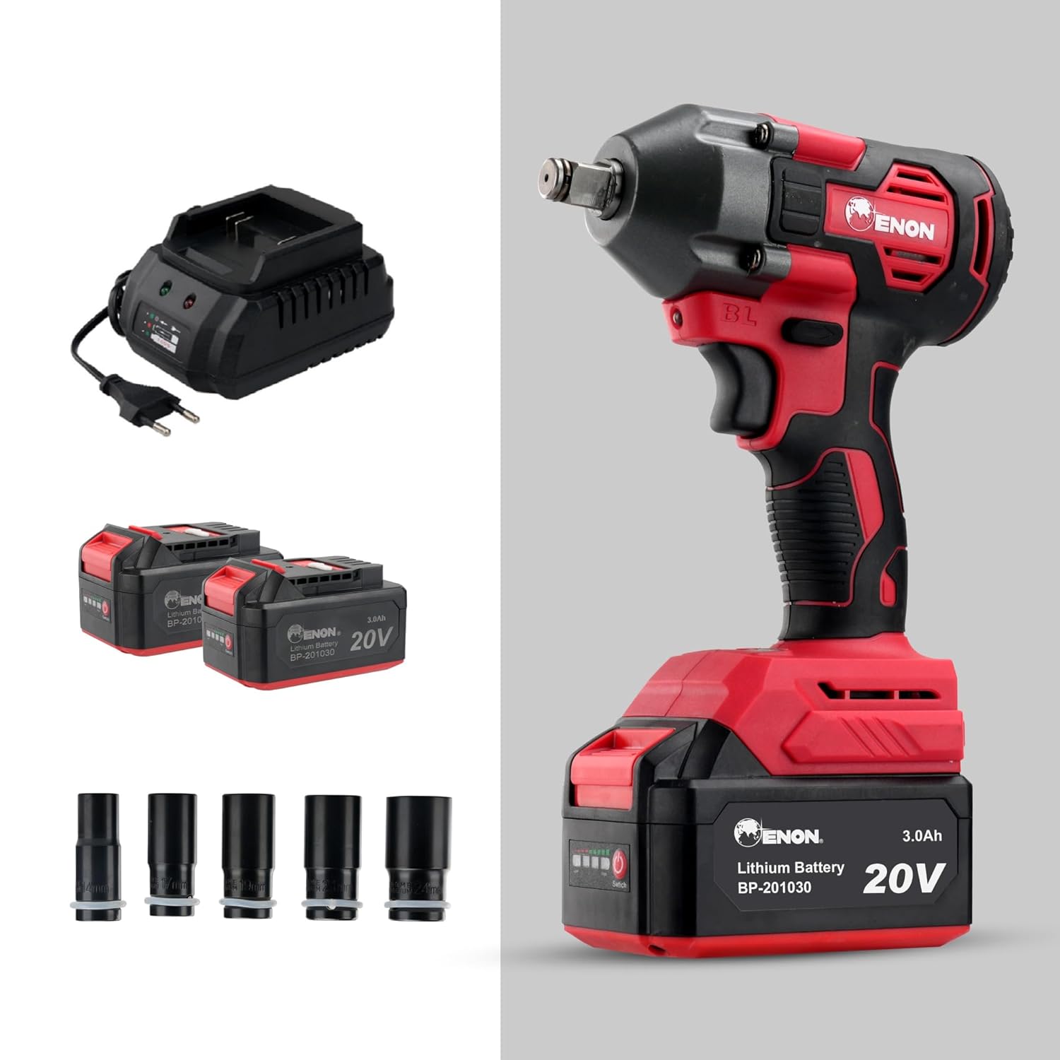 ENON 20V Impact Wrench Cordless Kit, 410Nm Torque, Powerful Motor, 2x3.0Ah Batteries, 5 wrench sockets, F/R, Brushless, Woodworking Tool, Drill, Screwdriver - 6 Month Warranty (XE-BL2032) ENON 20V Impact Wrench Cordless Kit, 410Nm Torque, Powerful Motor, 2x3.0Ah Batteries, 5 wrench sockets, F/R, Brushless, Woodworking Tool, Drill, Screwdriver - 6 Month Warranty (XE-BL2032)